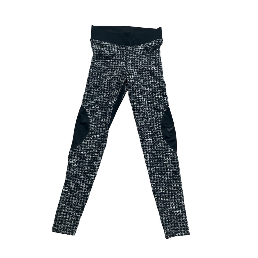 Nike Pro Hyperwarm Leggings Womens Small Black White Geometric Athletic